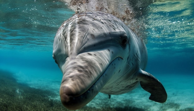 Majestätischer Mantarochen schwimmt tief in einem von KI erzeugten Riff