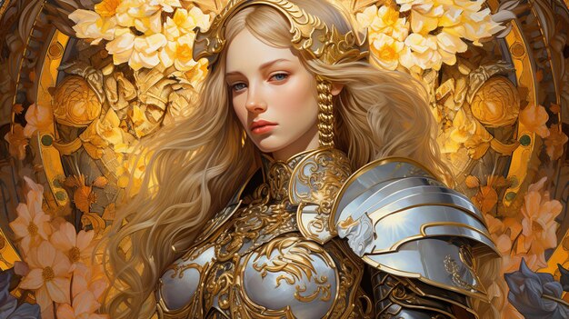 majestätischer mittelalterlicher Ritter schönes Mädchen Krieger in glänzender goldener und silberner Fantasie-Rüstung