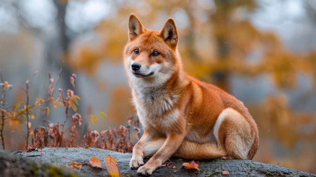 Majestätischer Roter Fuchs sitzt auf einem Felsen, umgeben von Herbstblättern in einer traumhaften Waldlandschaft