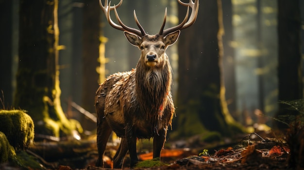 Foto majestätischer roter hirsch im wald während der ruttungsperiode