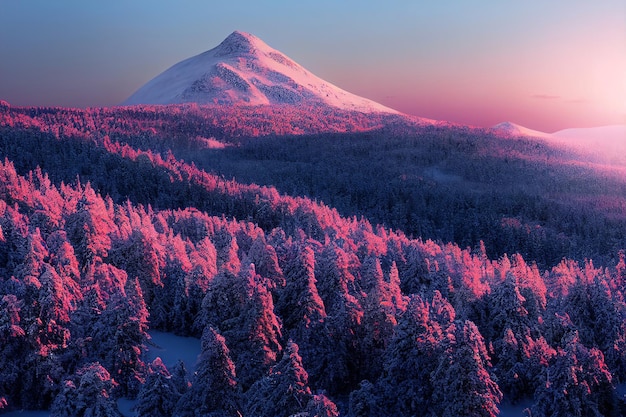 Majestätischer schneebedeckter Berggipfel und Winterwald bei Sonnenuntergang 3D-Kunstwerk-Hintergrund