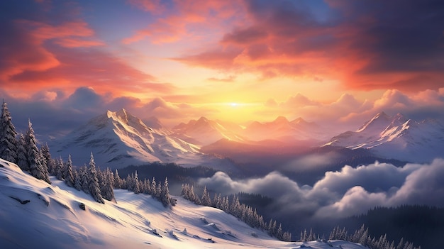 Majestätischer Sonnenaufgang in der Wintergebirgslandschaft