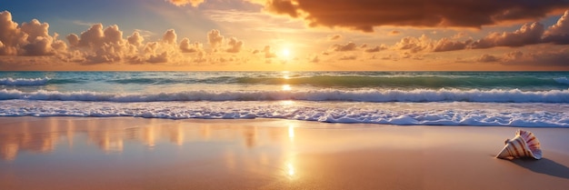 Majestätischer Sonnenuntergang über dem Meer mit Wellen, die an die Küste schlagen und das Sonnenlicht reflektieren, und einer Muschel, die im Sand liegt