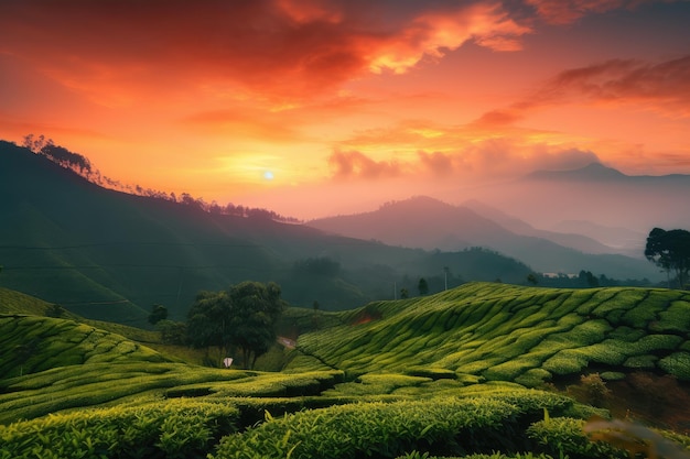 Majestätischer Sonnenuntergang über den Bergen mit Teeplantage im Hintergrund