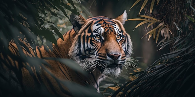 Majestätischer Tiger, gefangen in seinem üppigen Dschungellebensraum Generative KI