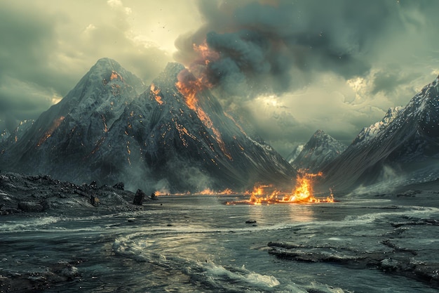 Majestätischer Vulkanausbruch mit Lavafluss in einer dramatischen Berglandschaft unter stürmischem Himmel