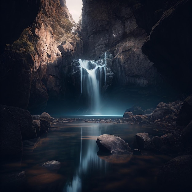 Foto majestätischer wasserfall fesselnde schönheit der natur ruhiger pool verträumter nebel sanftes morgenlicht