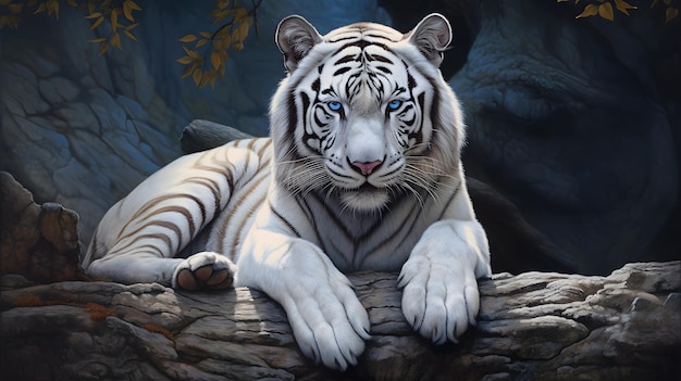 Majestätischer weißer Tiger, der majestätisch auf einem Felsen ruht