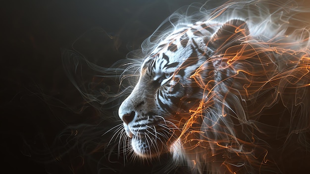 Majestätischer weißer Tiger mit glühender orangefarbener Mähne, perfekt für die Darstellung von Stärke, Mut und Grausamkeit.