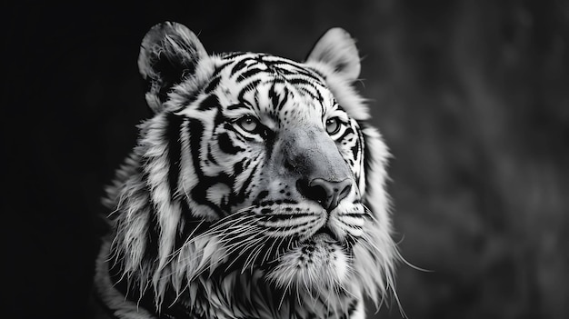 Majestätischer weißer Tiger mit schwarzen Streifen, der in die Ferne starrt, perfekt für einen Hintergrund oder eine Tapete