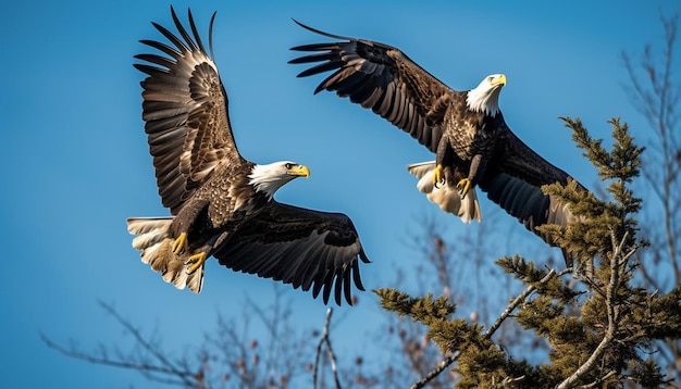 Majestätischer Weißkopfseeadler, der auf einem von der KI generierten Zweig mit ausgebreiteten Flügeln hockt