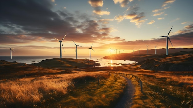 majestätischer Windpark bei Sonnenuntergang Konzept für erneuerbare Energien