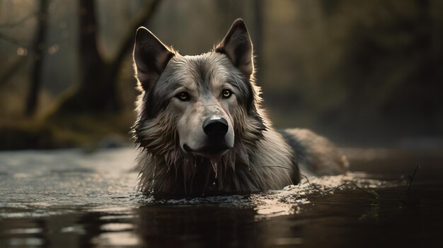 Majestätischer Wolf schwimmt anmutig durch den Fluss – ein Moment ungezähmter Wasserschönheit