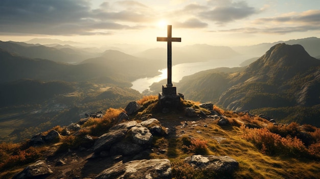 Majestätisches christliches Kreuz auf einem Berggipfel in der Nähe eines Sees am Abend