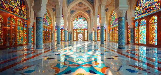 majestätisches Innere der Moschee mit aufwendigem Buntglas und reflektierendem Marmorboden