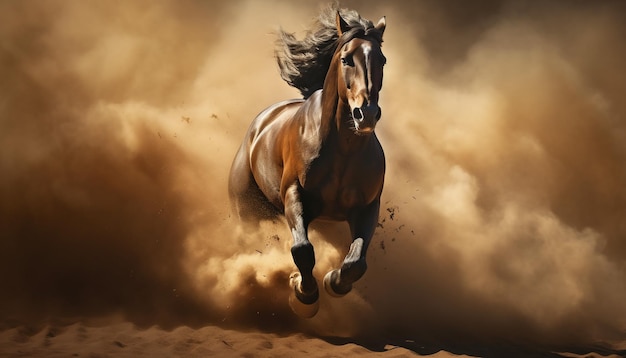 majestätisches Pferd, das in einer Staubwolke rennt