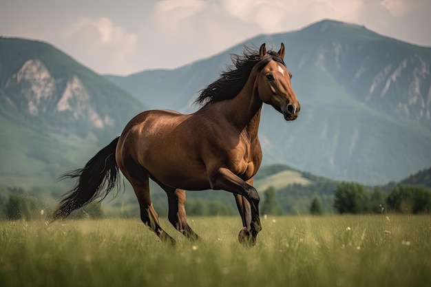 Majestätisches Pferd galoppiert auf grüner Ebene mit Bergen im Hintergrund generative IA