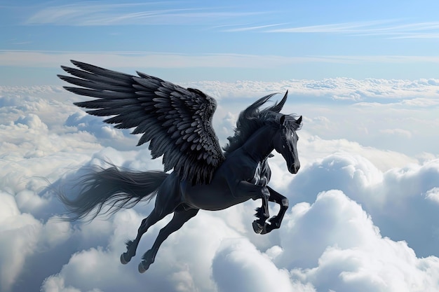 Foto majestätisches schwarzes pegasus-pferd, das hoch über den wolken fliegt