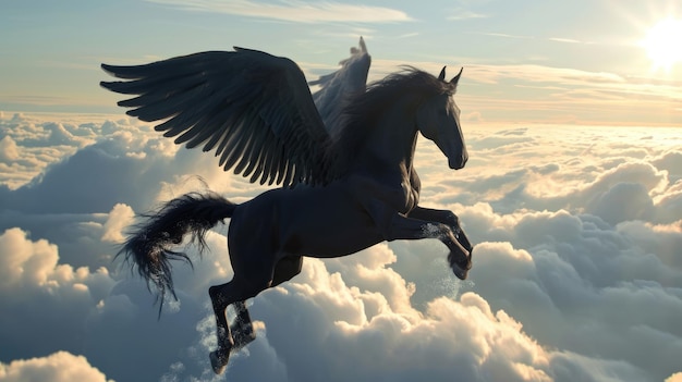 Foto majestätisches schwarzes pegasus-pferd fliegt hoch über den wolken