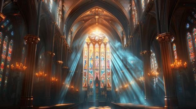 Majestätisches Sonnenlicht durchbohrt hohe Buntglas in einer ruhigen Kirche transzendentale Schönheit superlative Qualität Panoramablick KI Generative