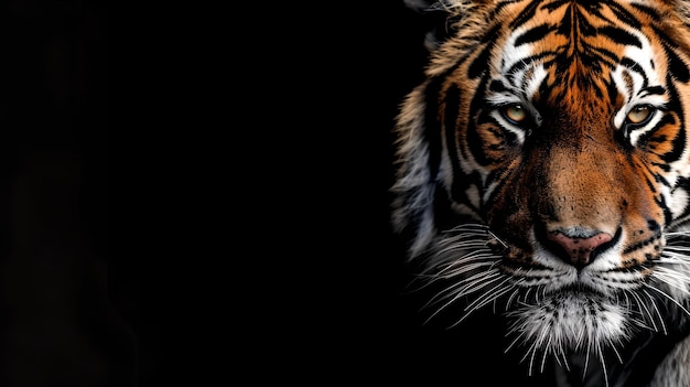 Majestätisches Tigerporträt auf schwarzem Hintergrund Lebendige orangefarbene und schwarze Streifen Wildtierfotografie Stil Symbol für Macht und Anmut KI