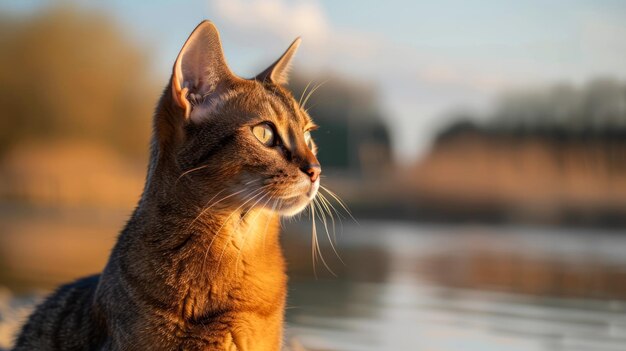 Majestic Abyssinian Cat contemplando la naturaleza circundante durante la hora dorada del amanecer por el