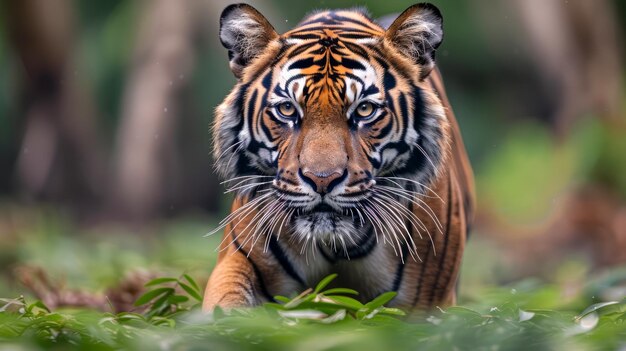 Majestic Adult Bengal Tiger olhando intensamente em exuberante selva verde com detalhes vívidos e