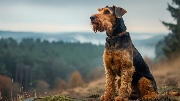 Majestic Airedale Terrier perro sentado en una roca con vistas a un paisaje de bosque brumoso al amanecer