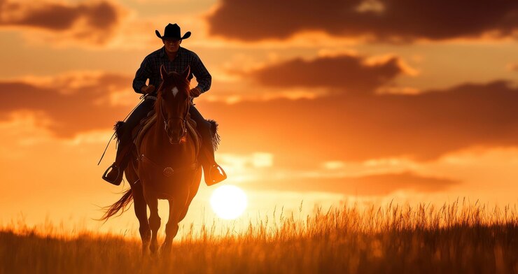 Majestic American Cowboy Riding Horse en el atardecer con espacio de copia profundidad de campo