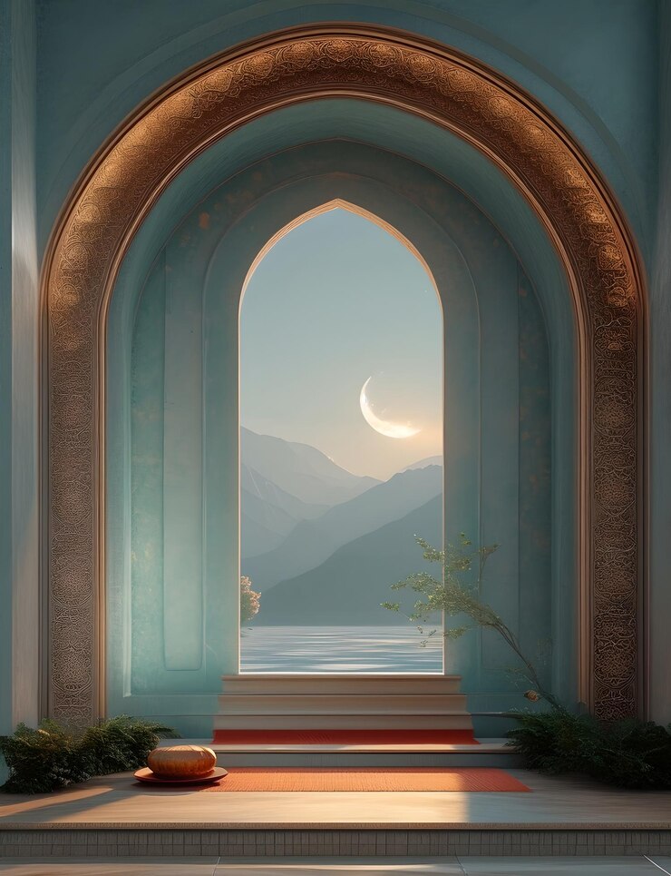 Majestic Arabian Doorway con luna llena y vista al océano Arte de fantasía para fondos de papel de pared