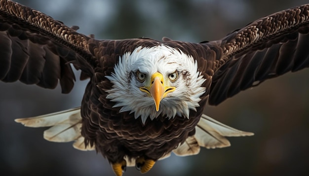 Majestic Bald Eagle breitet Flügel aus und schwebt im Winter in der Luft, erzeugt von künstlicher Intelligenz