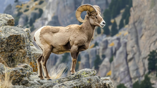 Majestic Bighorn Sheep em pé em uma borda de uma montanha rochosa em seu habitat natural