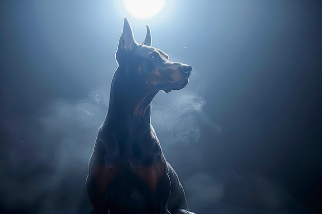 Majestic Black Doberman Pinscher sitzt im Nebel mit Vollmond im Hintergrund Elegant Dog Portrait