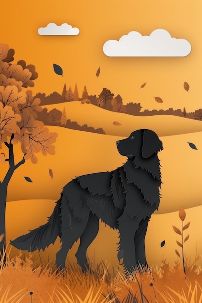 Foto majestic black dog silhouette em autumn landscape com falling leaves e rolling hills sob um