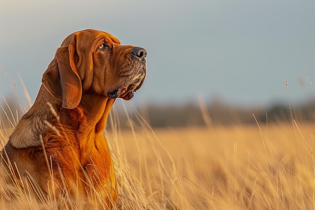 Majestic Bloodhound Dog Sentado em Golden Field ao pôr-do-sol com luz quente brilhando em seu casaco