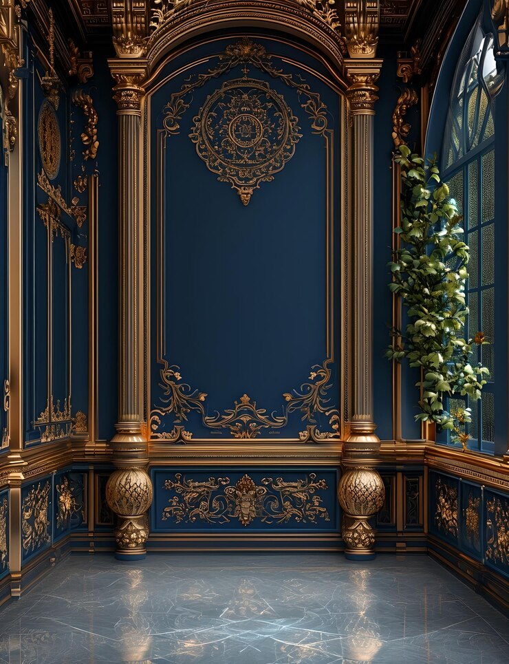 Majestic Blue Room con acentos dorados elegante diseño de interiores inspiración de la mejor calidad exquisita