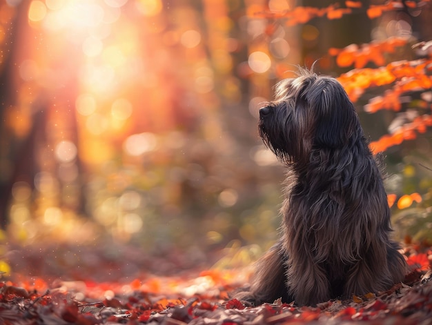 Foto majestic briard dog sitzt anmutig in einer dichten waldumgebung