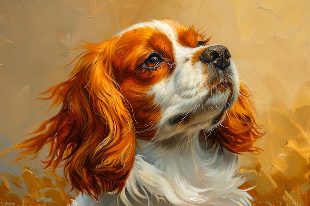 Majestic Cavalier King Charles Spaniel Retrato em fundo abstrato de tons quentes Arte de animais de estimação