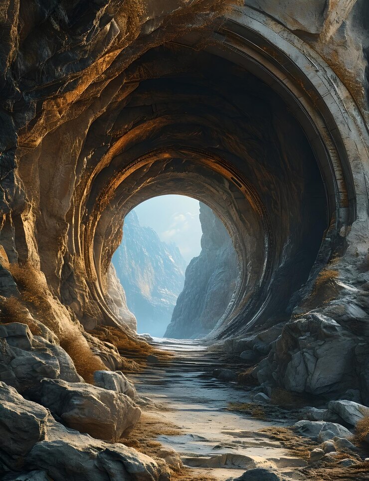 Majestic Cave Tunnel mit leuchtendem Himmel Hintergrund Fantasy Kunstwerk für Tapeten und Drucke Best
