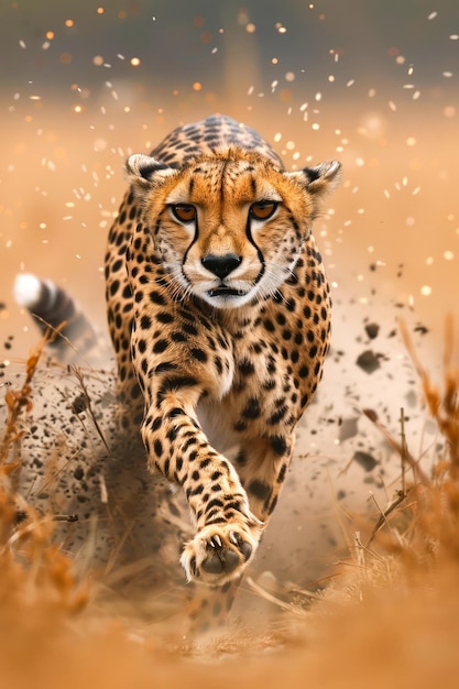 Foto majestic cheetah sprinting em terreno empoeirado fotografia dinâmica de vida selvagem capturando a velocidade do predador