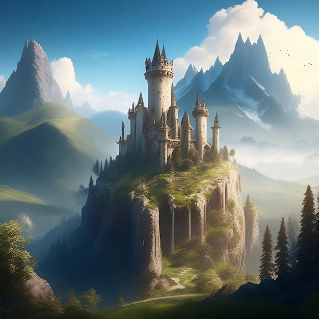 Majestic Citadel Un arte digital que representa un gran castillo que se eleva sobre un exuberante paisaje con montañas