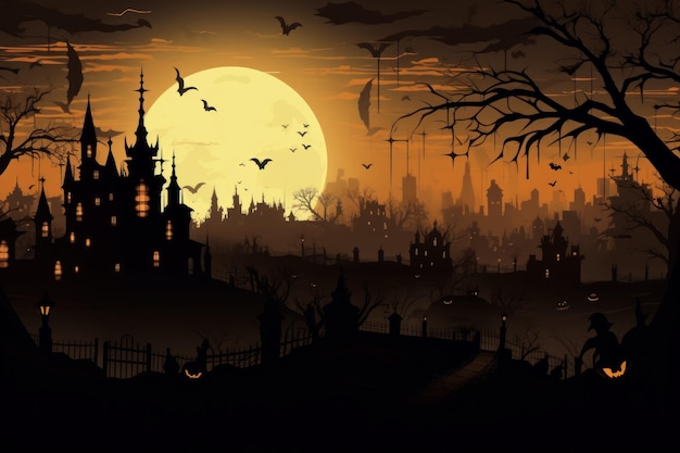 Majestic City Panorama Halloween Sonnenuntergang Schreckliche Dunkelheit Erzeugen Sie Ai