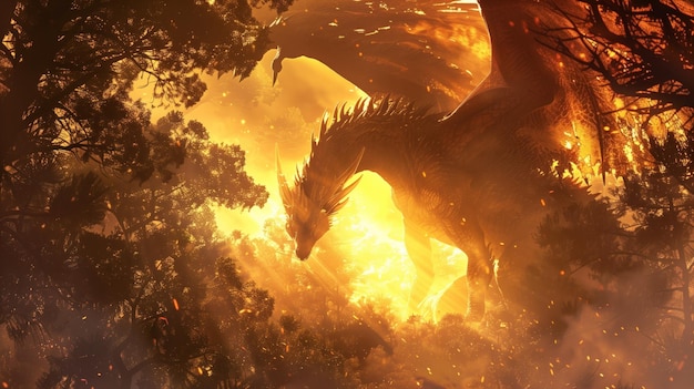 Majestic Dawn Um majestoso dragão dourado emerge de uma floresta de fogo suas escamas refletindo o calor