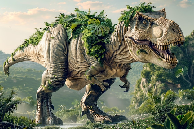 Foto majestic dinosaur roaming paisaje prehistórico t rex con detalles vívidos y vegetación exuberante