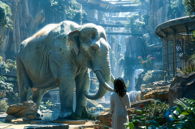 Majestic Elephant und ein Kind in einem mystischen Dschungel mit Wasserfällen und alten Ruinen Fantasy World