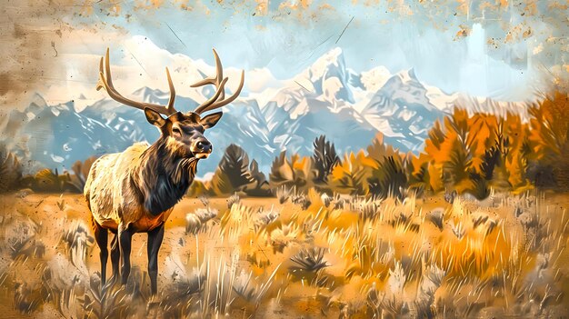 Foto majestic elk in autumn meadow snowy mountains in background wildlife art style escena cativante criada por ia para design temático da natureza use ai