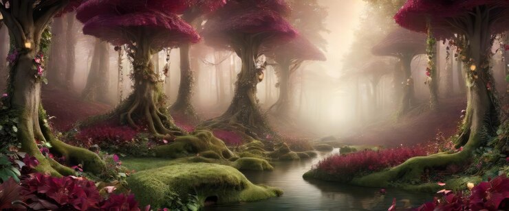 Foto majestic enchanted forest glade burgundy champagne folhagem visão panorâmica