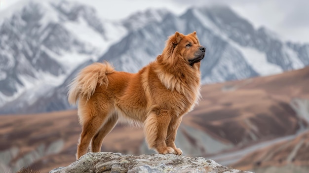 Majestic Eurasier Dog steht auf einem Felsvorsprung mit schneebedeckten Bergen im Hintergrund
