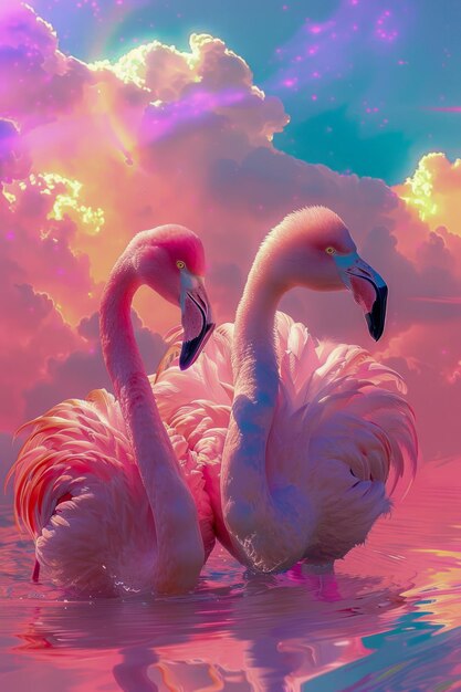 Majestic Flamingos enamorados bajo el cielo vibrante del atardecer Concepto de romance y serenidad de la vida silvestre