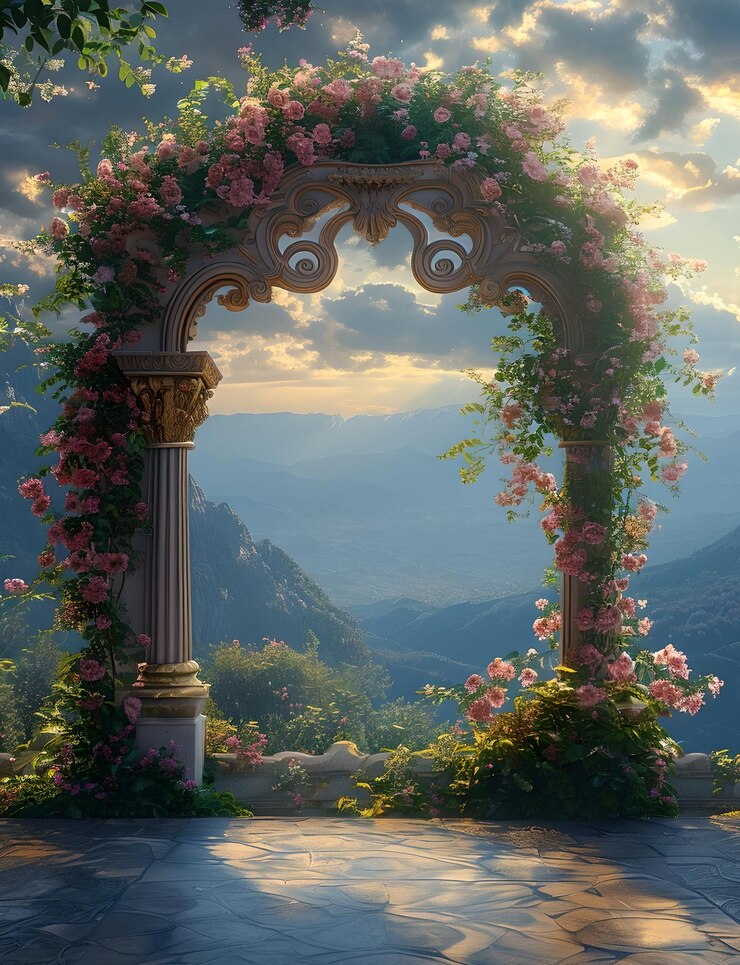 Majestic Floral Arch en Sunset Mountain Paisaje para papel tapiz y uso de fondo Mejor calidad